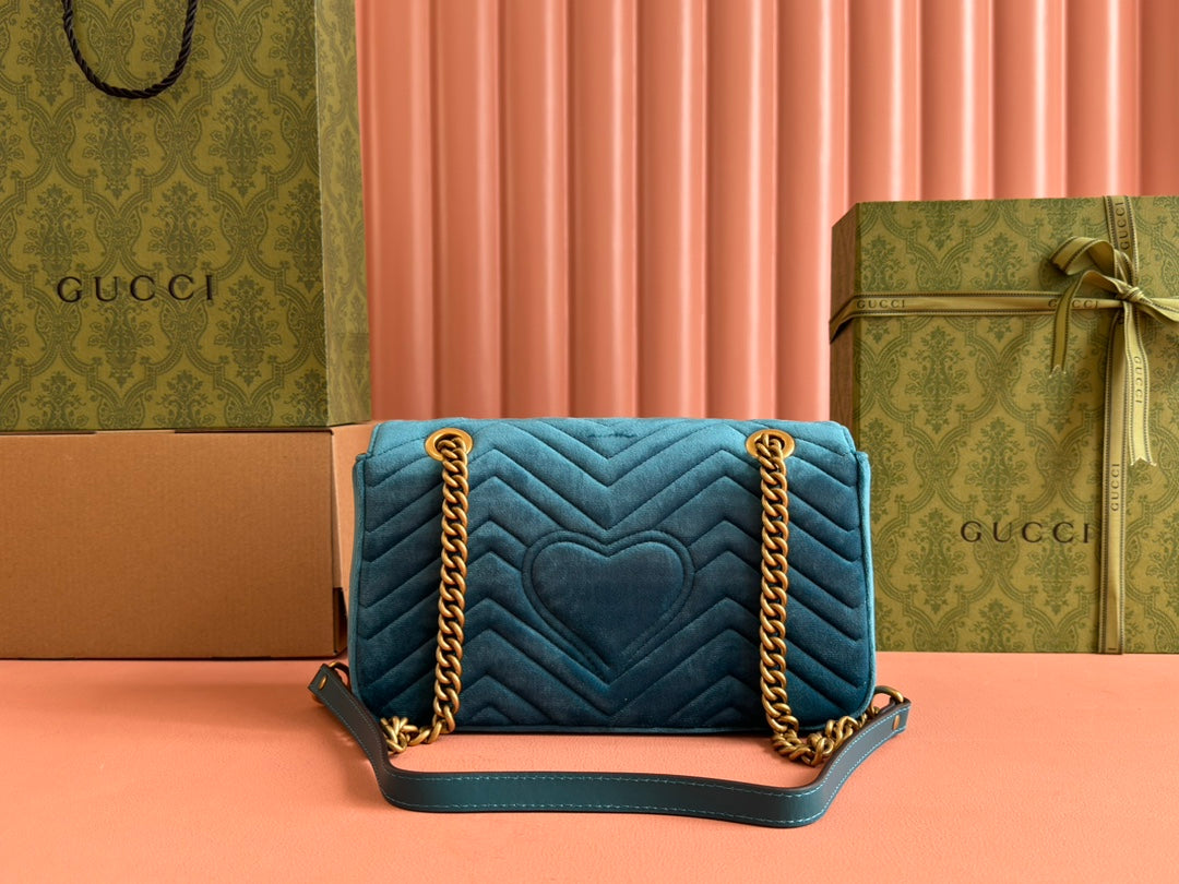 GUCCI 25S GG MARMONT 26 CM IN DEEP TEAL BLUE VELVET WITH GOLD HARDWARE