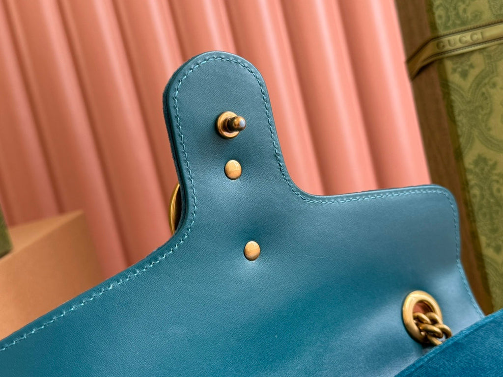 GUCCI 25S GG MARMONT 26 CM IN DEEP TEAL BLUE VELVET WITH GOLD HARDWARE