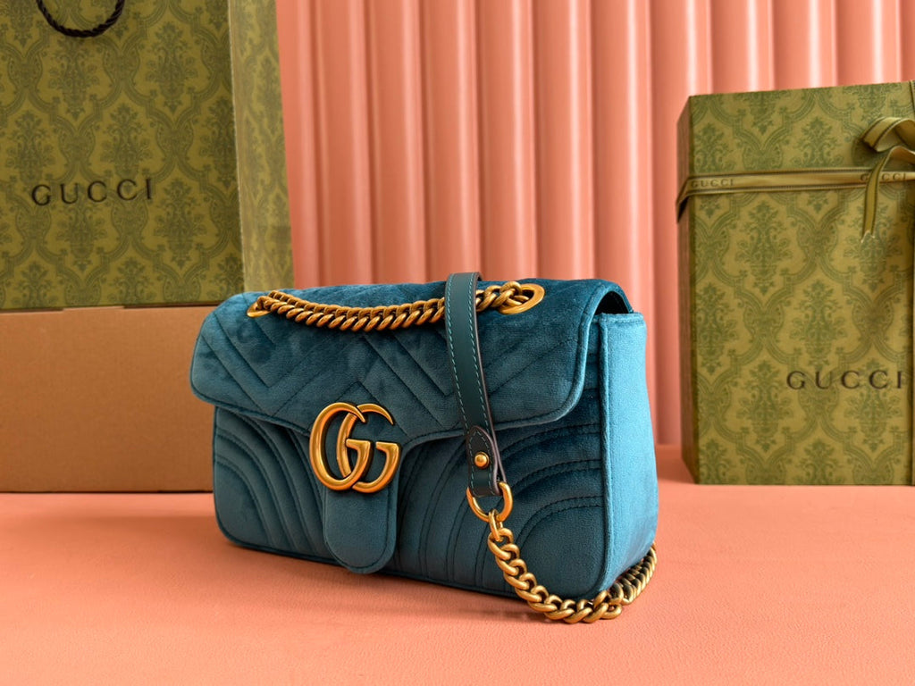 GUCCI 25S GG MARMONT 26 CM IN DEEP TEAL BLUE VELVET WITH GOLD HARDWARE