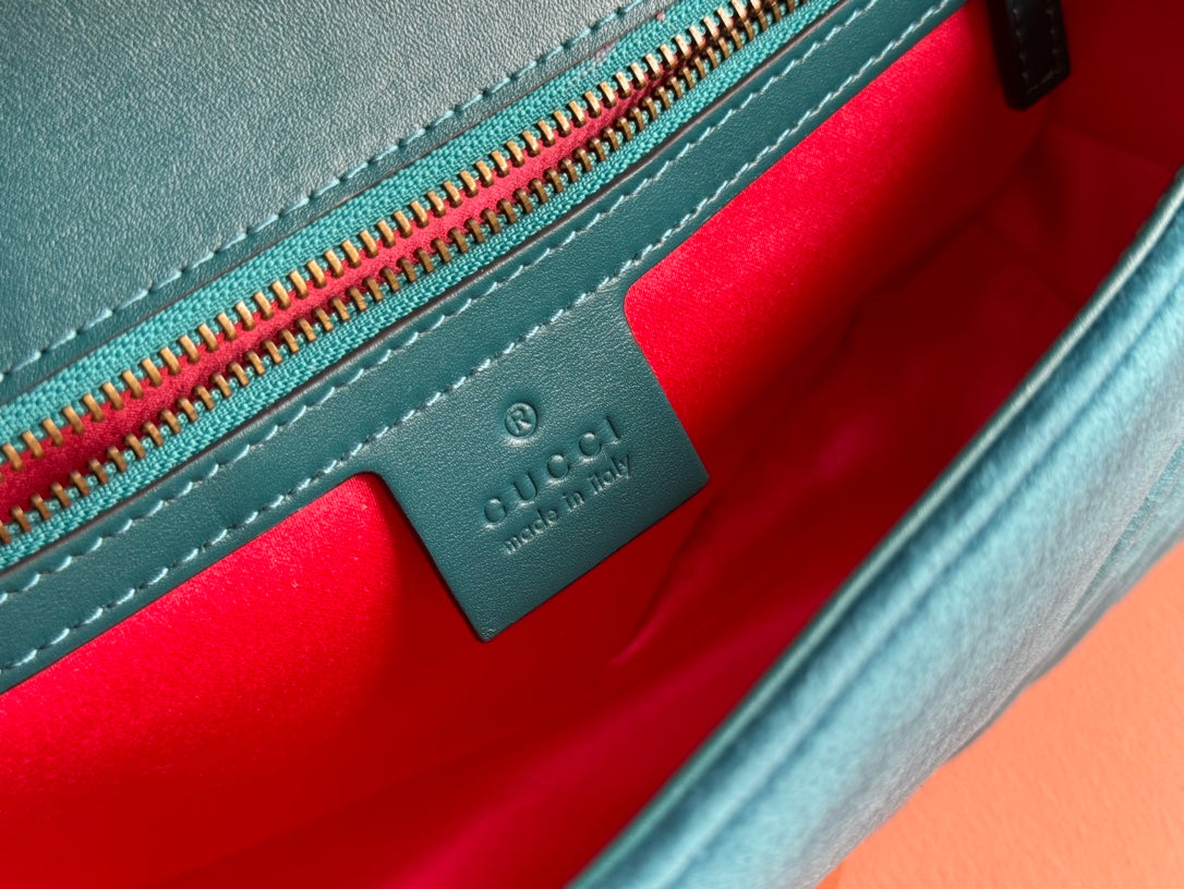 GUCCI 25S GG MARMONT 26 CM IN DEEP TEAL BLUE VELVET WITH GOLD HARDWARE