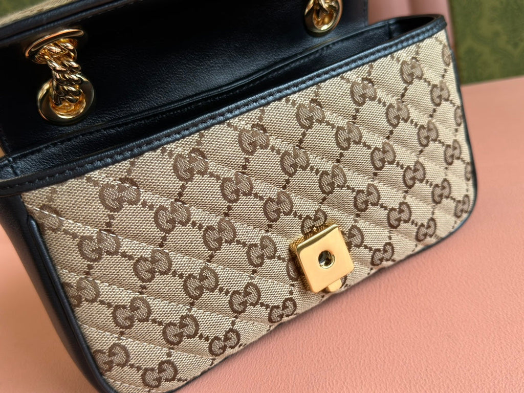 MARMONT MEDIUM SHOULDER BAG 22 IN BEIGE AND BROWN GG CANVAS BLACK CALFSKIN