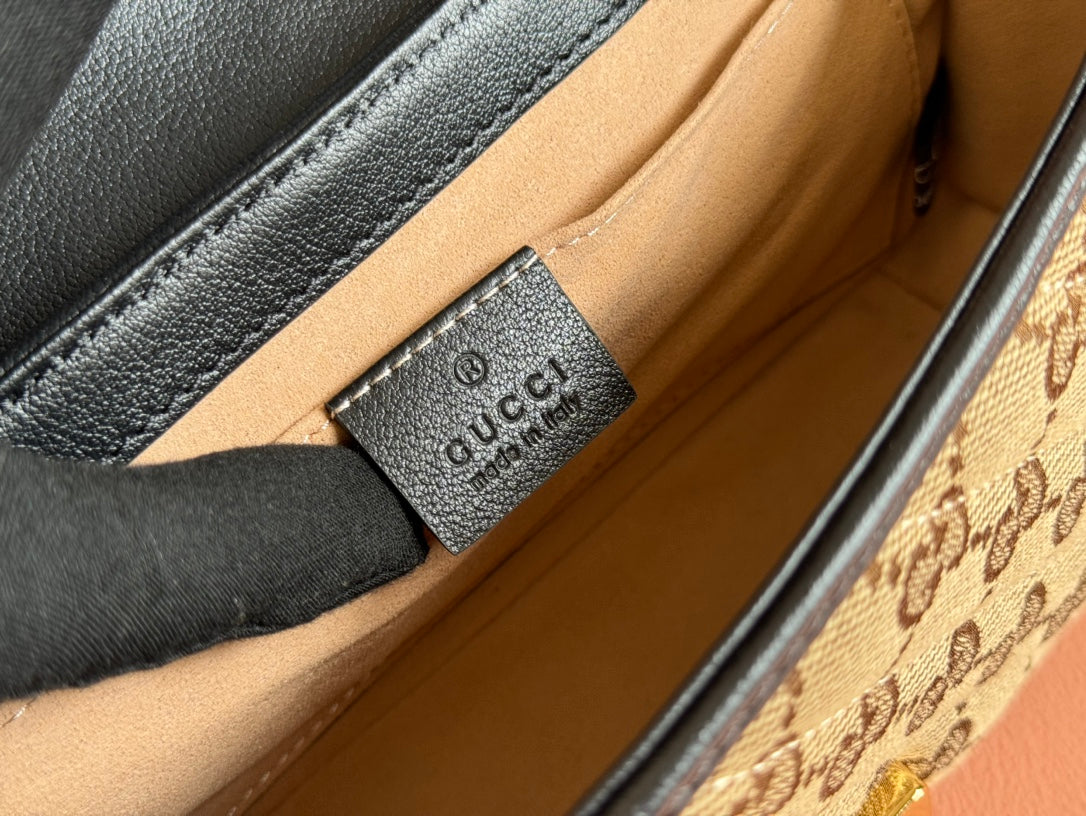 MARMONT MEDIUM SHOULDER BAG 22 IN BEIGE AND BROWN GG CANVAS BLACK CALFSKIN