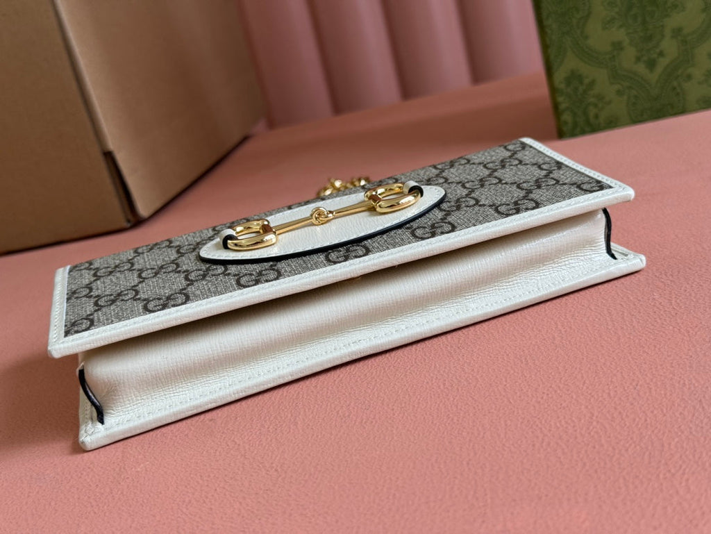 HORSEBIT 1955 WALLET IN BEIGE EBONY CANVAS MIX WHITE CALFSKIN GOLD CHAIN