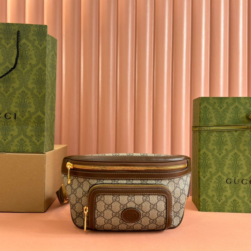 OPHIDIA BELT BAG 28 IN BROWN AND BEIGE GG CALFSKIN