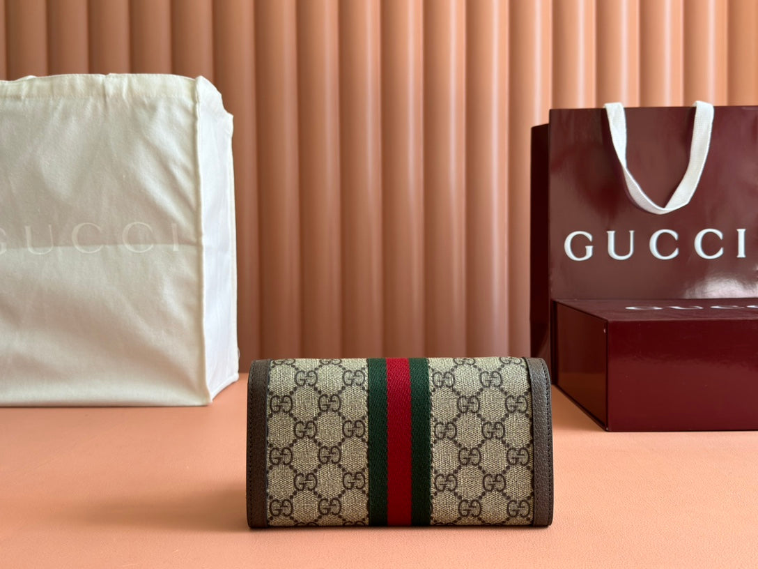 OPHIDIA WALLET ON GOLD CHAIN 19 IN BEIGE AND DARK BROWN CANVAS AND BROWN CALFSKIN