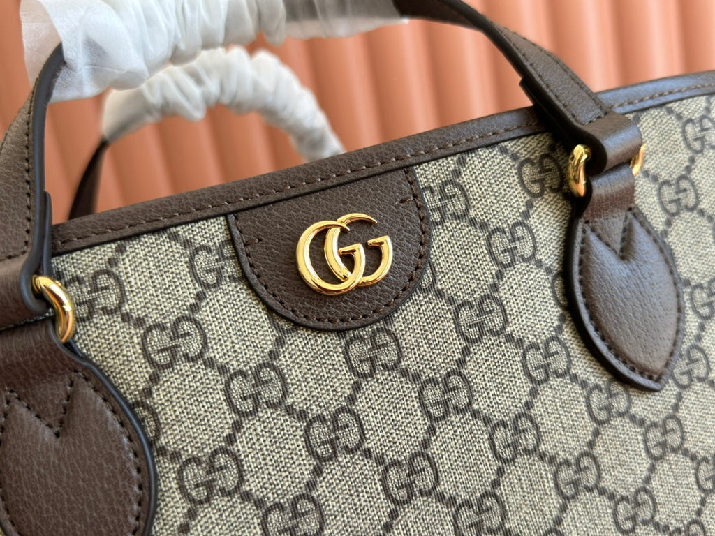 OPHIDIA MEDIUM TOTE BAG 38.5 BEIGE CANVAS AND BROWN CALFSKIN