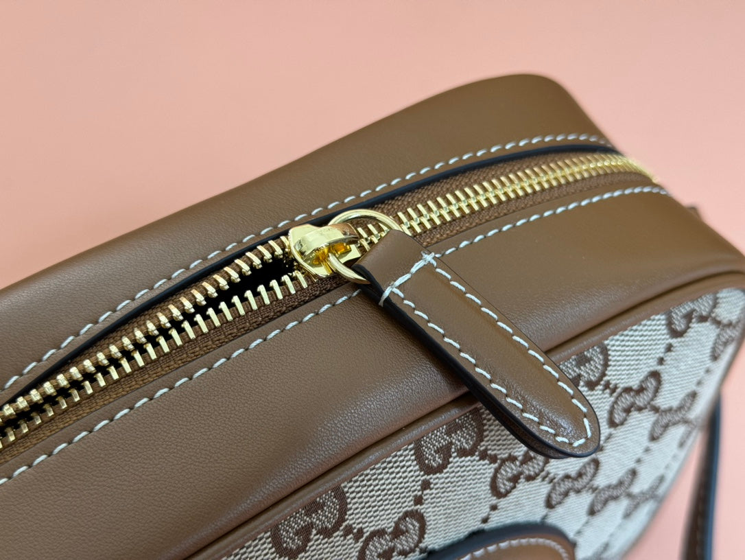 BLONDIE SMALL SHOULDER BAG 21 IN BEIGE AND DARK BROWN CANVAS BROWN CALFSKIN