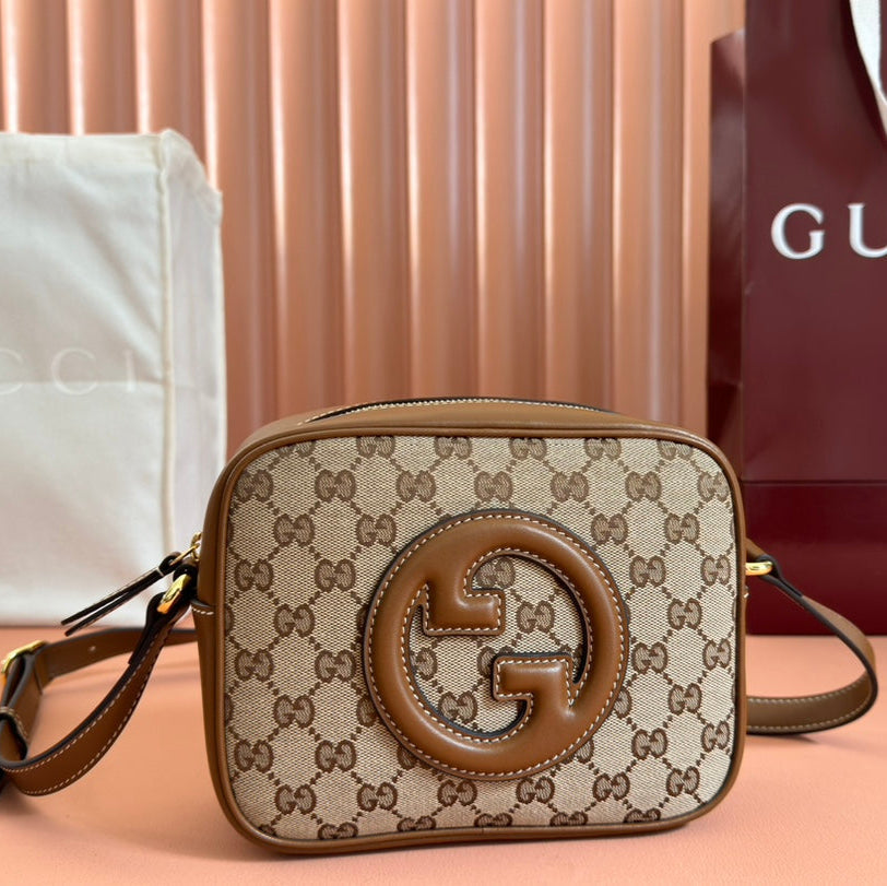 BLONDIE SMALL SHOULDER BAG 21 IN BEIGE AND DARK BROWN CANVAS BROWN CALFSKIN