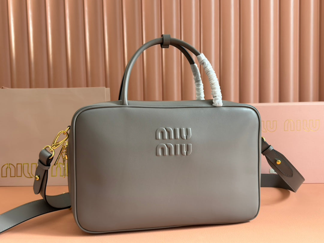 BEAU TOP HANDLE BAG 34 IN DARK GREY SMOOTH CALFSKIN