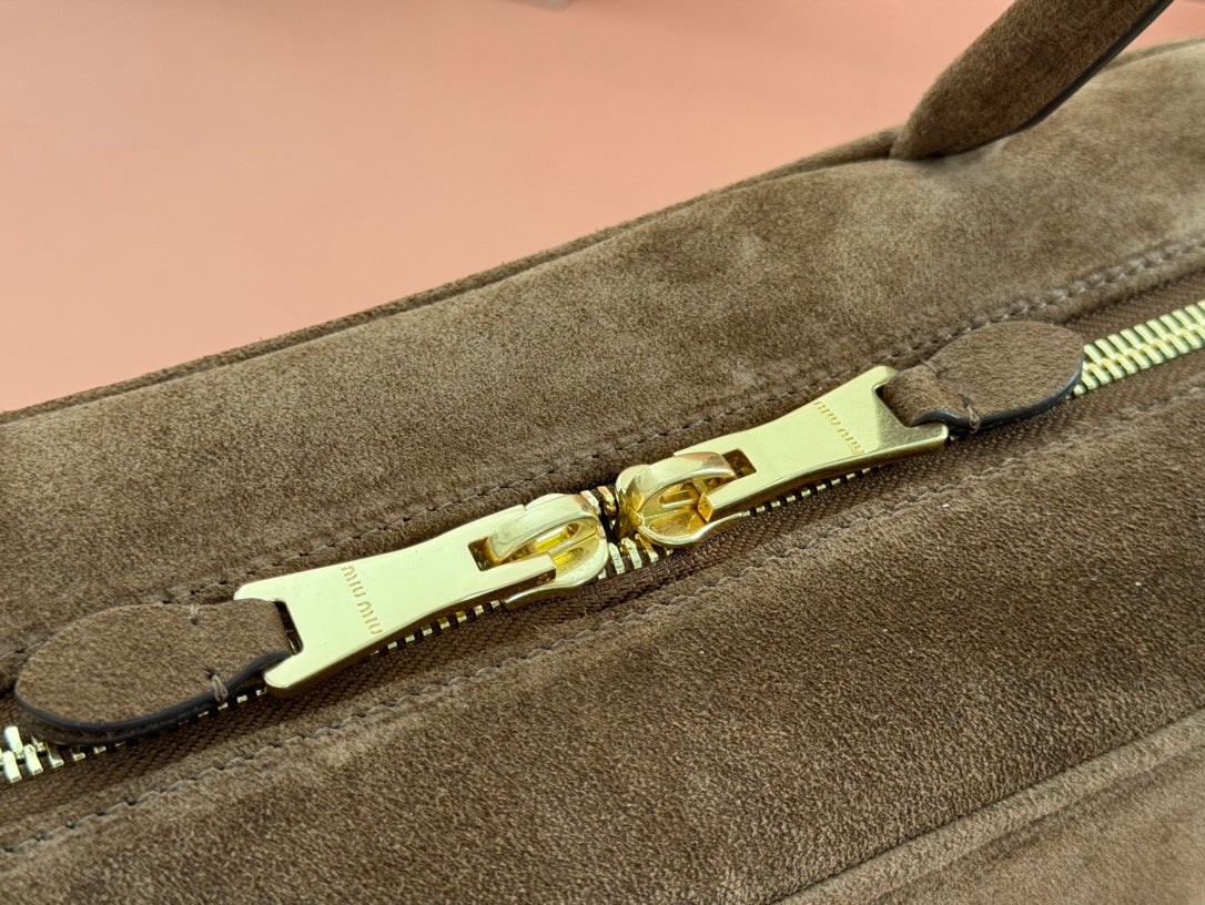 BEAU TOP HANDLE BAG 34 IN COFFEE BROWN SUEDE EMBOSSED LOGO