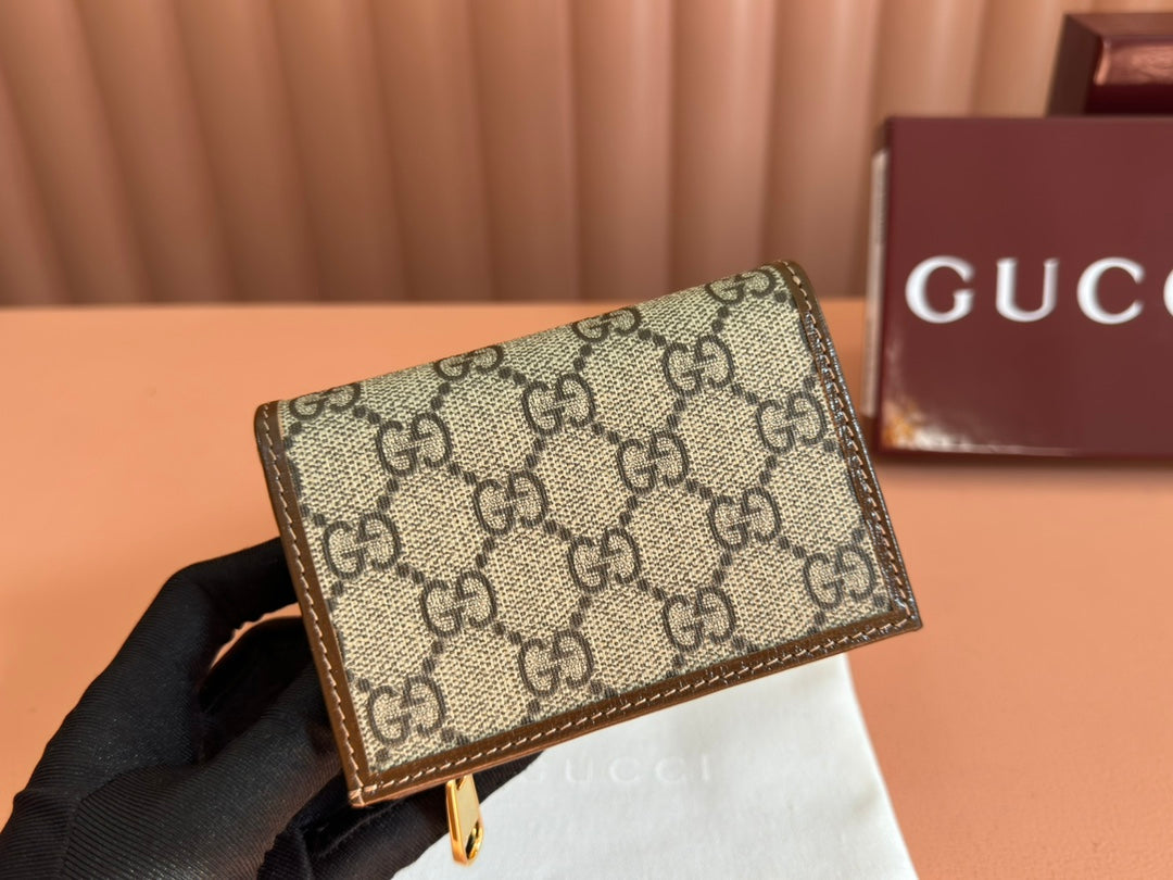 HORSEBIT 1955 CARD CASE WALLET 11.5 IN BEIGE EBONY GG CANVAS BROWN CALFSKIN