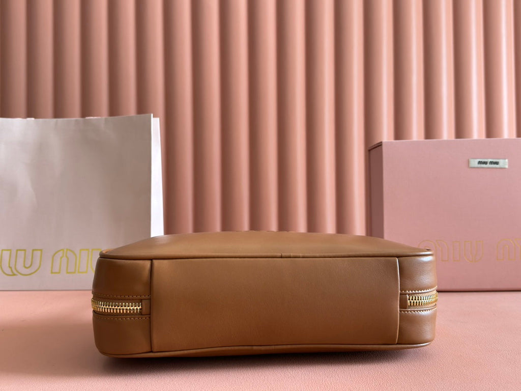 BEAU TOP HANDLE BAG 29 IN TAWNY BROWN GLOSSY CALFSKIN