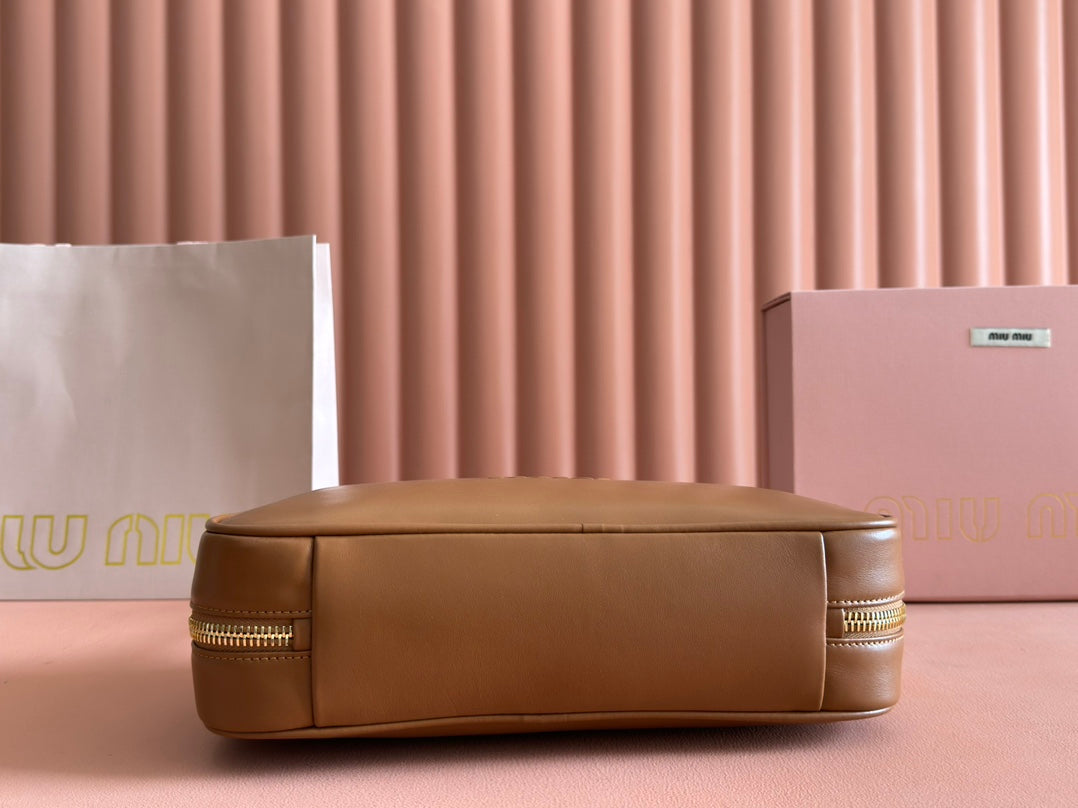 BEAU TOP HANDLE BAG 29 IN TAWNY BROWN GLOSSY CALFSKIN