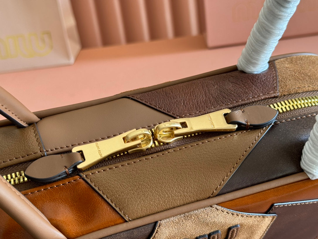 BEAU TOP HANDLE BAG 28 IN COGNAC LEATHER PATCHWORK