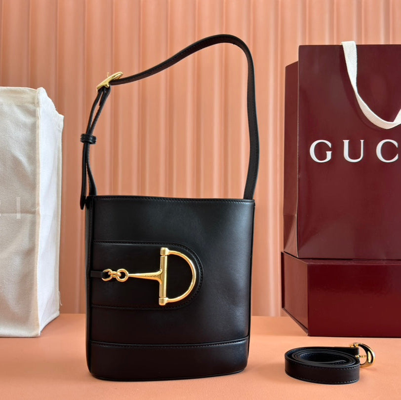 73 SMALL BUCKET BAG 20 IN BLACK SMOOTH CALFSKIN