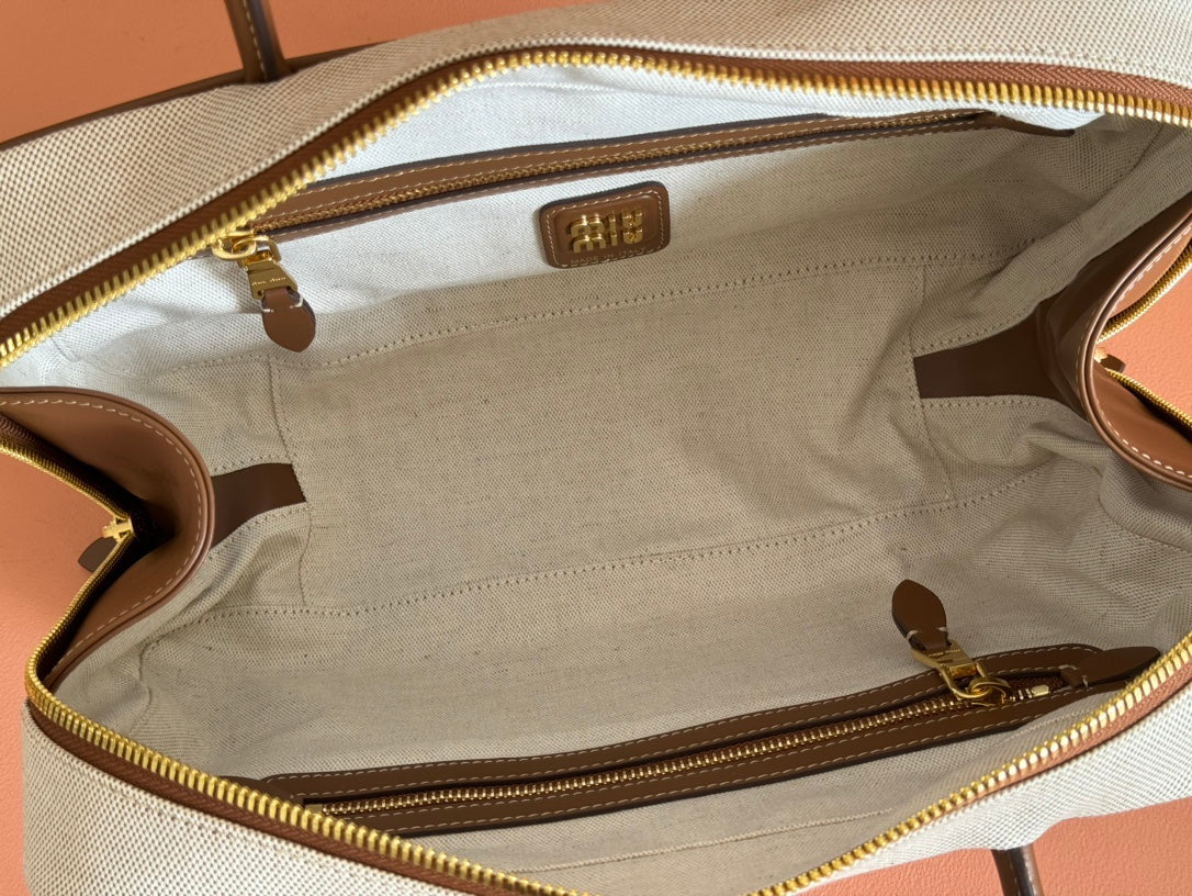 MIUMIU 25S BEAU CANVAS BAG 34 IN BEIGE CANVAS AND BROWN CALFSKIN