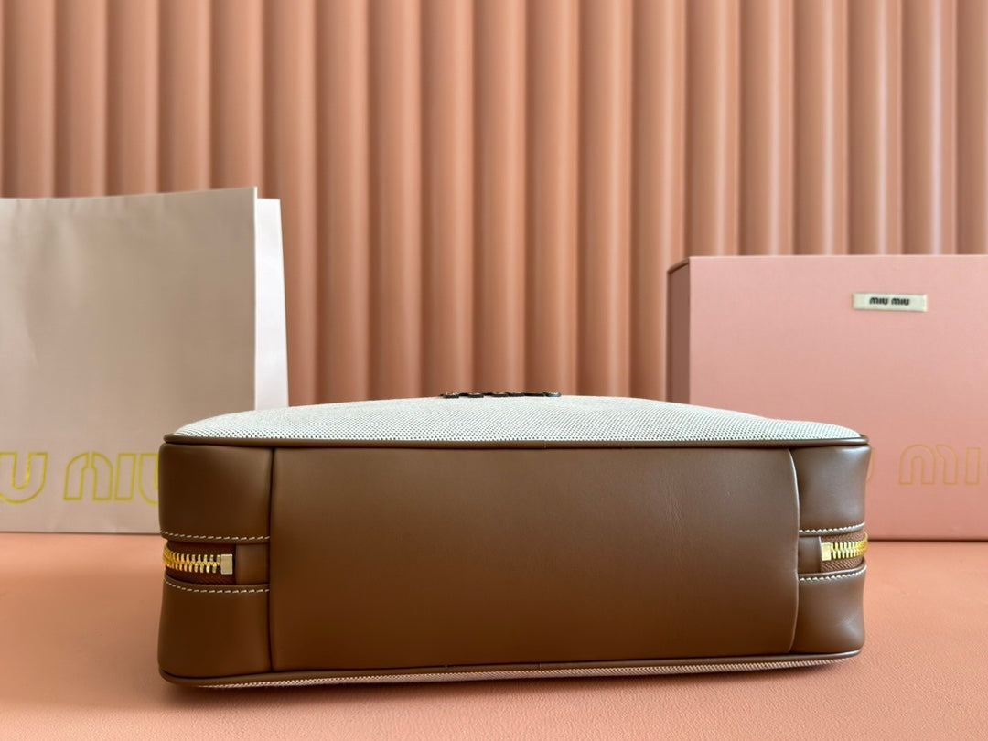 MIUMIU 25S BEAU CANVAS BAG 34 IN BEIGE CANVAS AND BROWN CALFSKIN