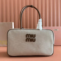 MIUMIU 25S BEAU CANVAS BAG 34 IN BEIGE CANVAS AND BROWN CALFSKIN
