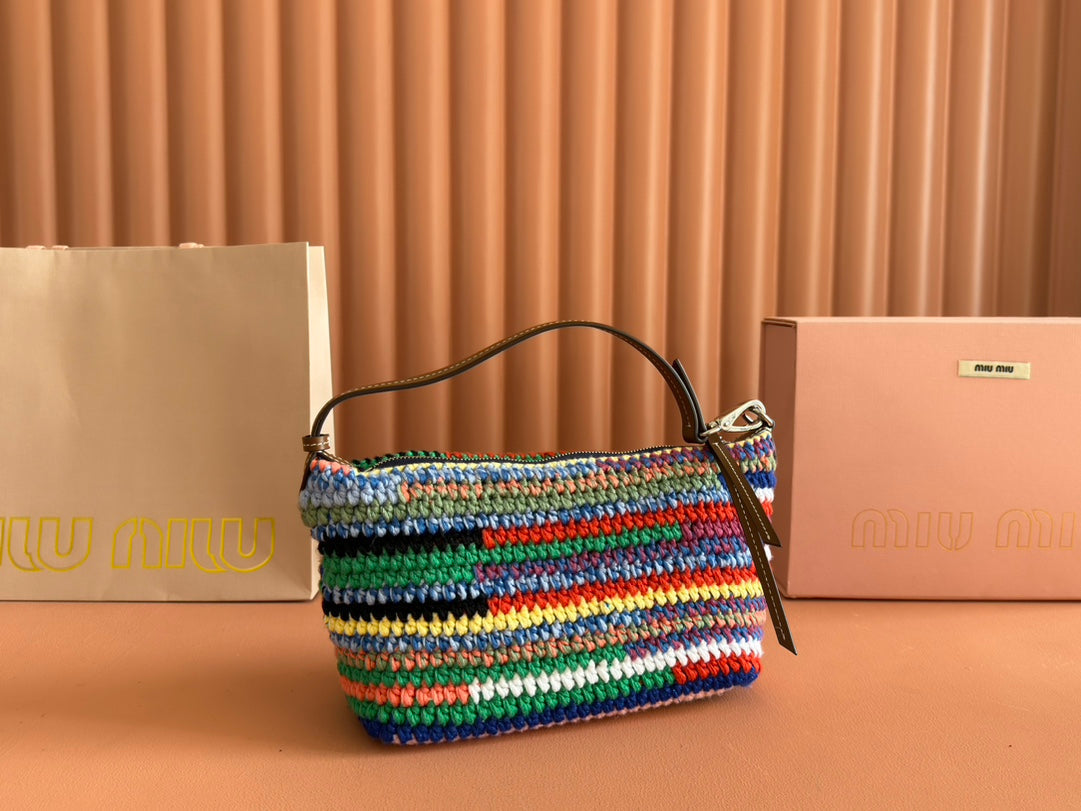 CROCHET SHOULDER BAG 25.5 COLORFUL WOOL WITH BROWN STRAP CALFSKIN