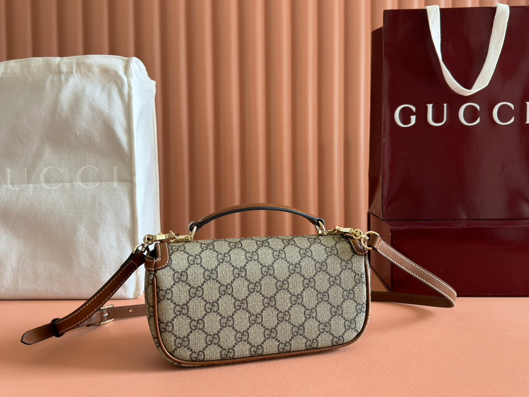 SMALL HORSEBIT 1955 SHOULDER BAG 22.6 IN BEIGE/EBONY GG WITH BROWN CALFSKIN TRIM