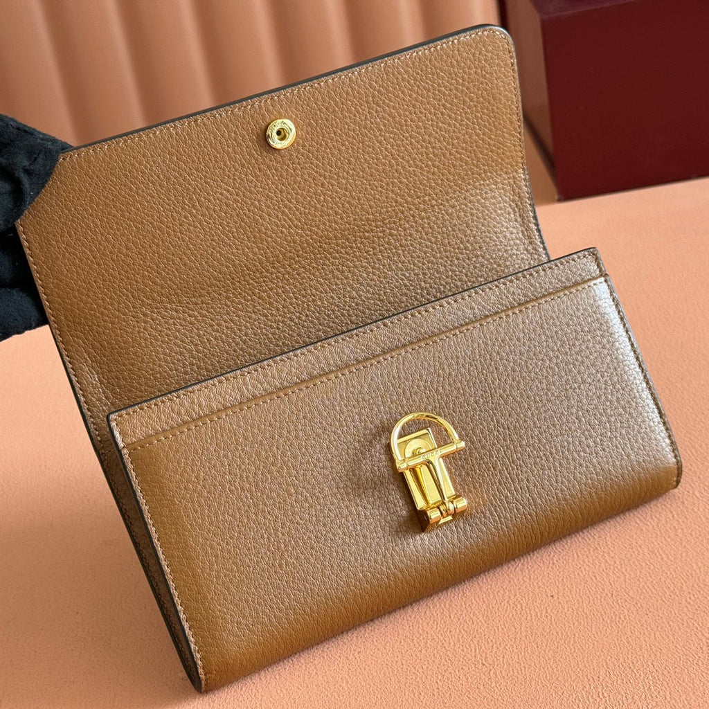 SOFTBIT CONTINENTAL WALLET 19 IN BROWN GRAINY CALFSKIN GOLD HARDWARE