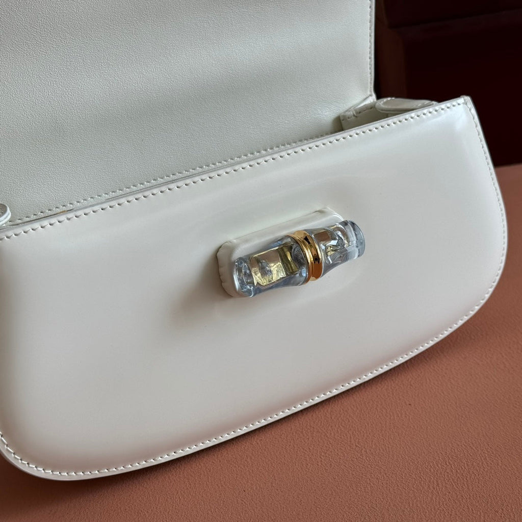 BAMBOO DIVE MEDIUM BAG 27 IN WHITE SHINY CALFSKIN RESIN BRASS BAMBOO-SHAPED HARDWARE