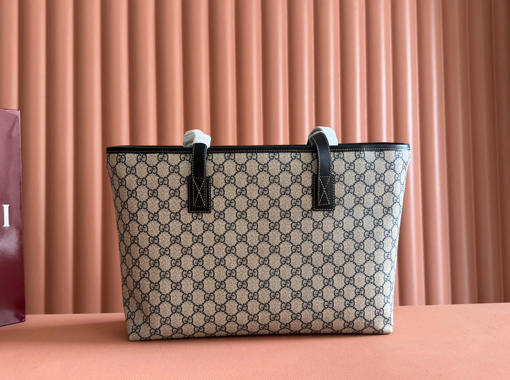 MEDIUM TOTE BAG 38 IN BEIGE AND BROWN GG COATED FABRIC BLACK CALFSKIN