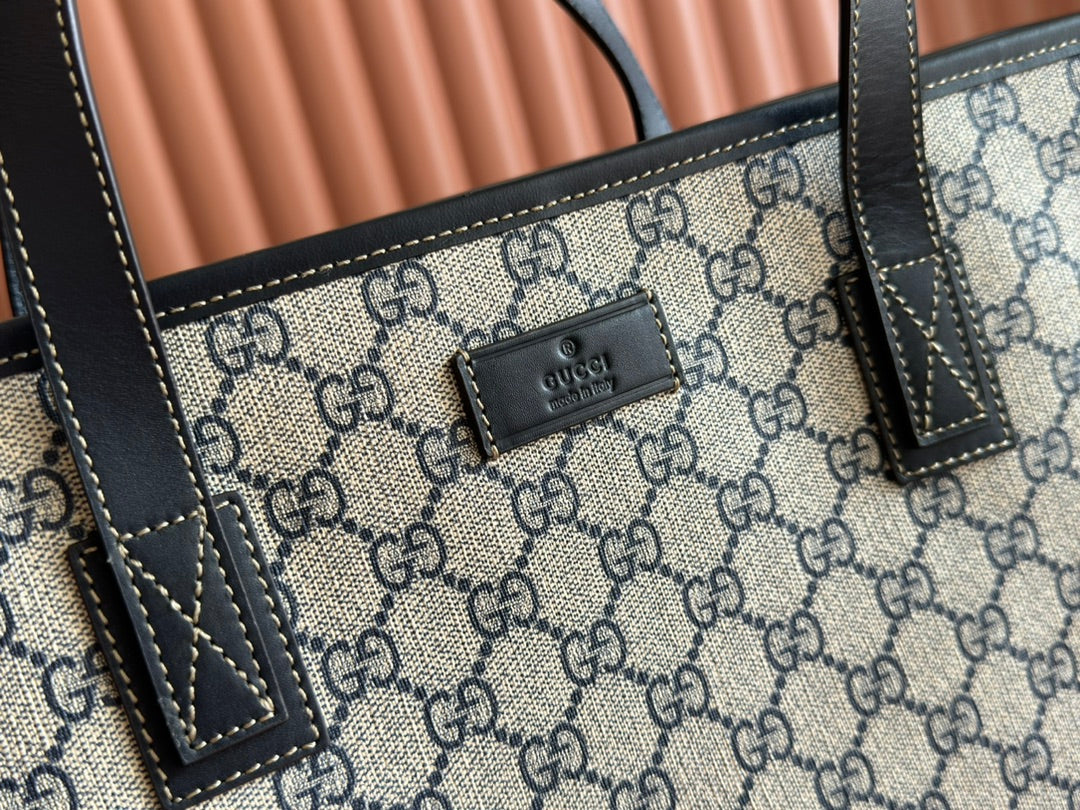 MEDIUM TOTE BAG 38 IN BEIGE AND BROWN GG COATED FABRIC BLACK CALFSKIN