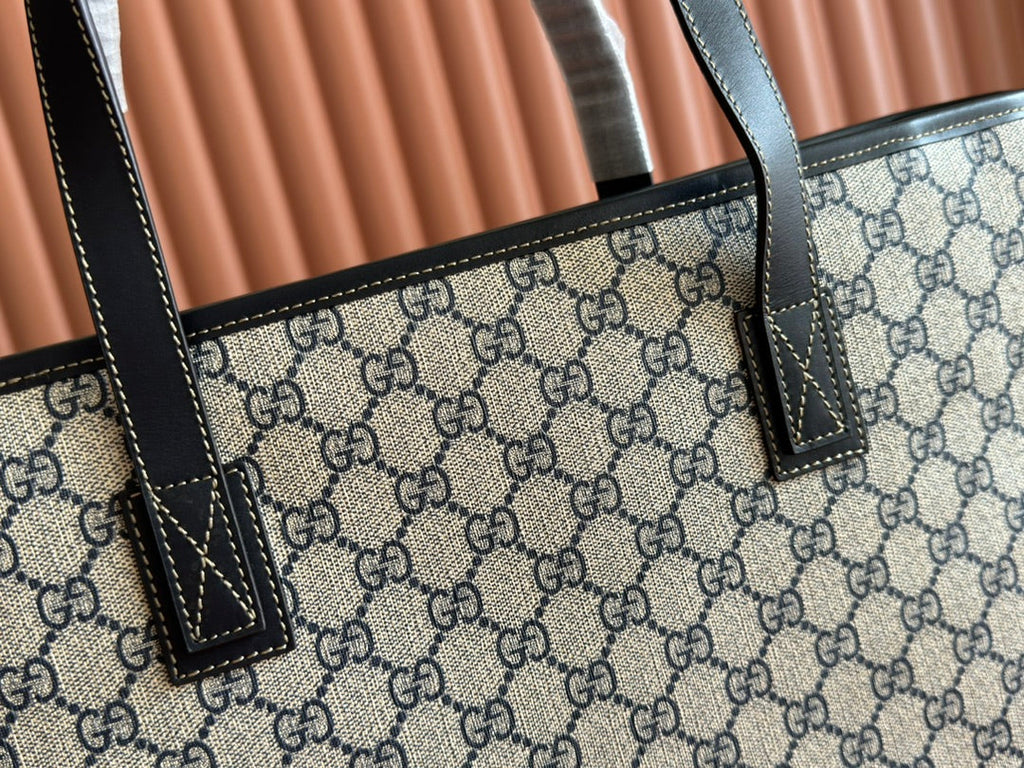 MEDIUM TOTE BAG 38 IN BEIGE AND BROWN GG COATED FABRIC BLACK CALFSKIN