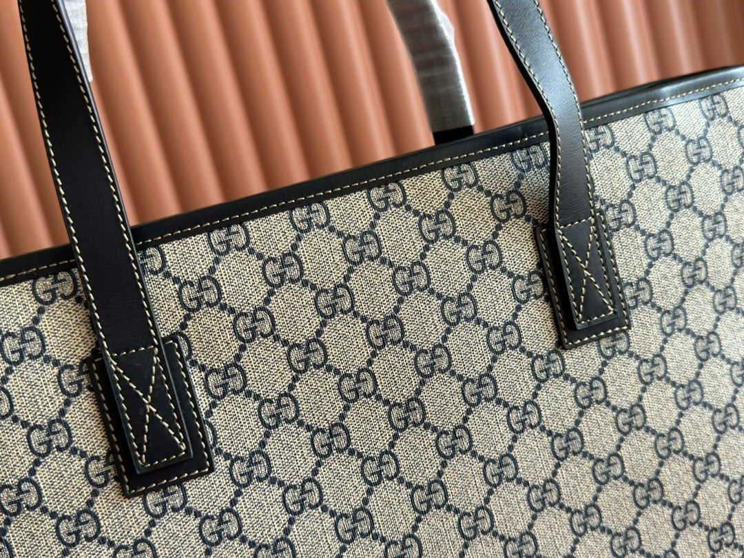 MEDIUM TOTE BAG 38 IN BEIGE AND BROWN GG COATED FABRIC BLACK CALFSKIN