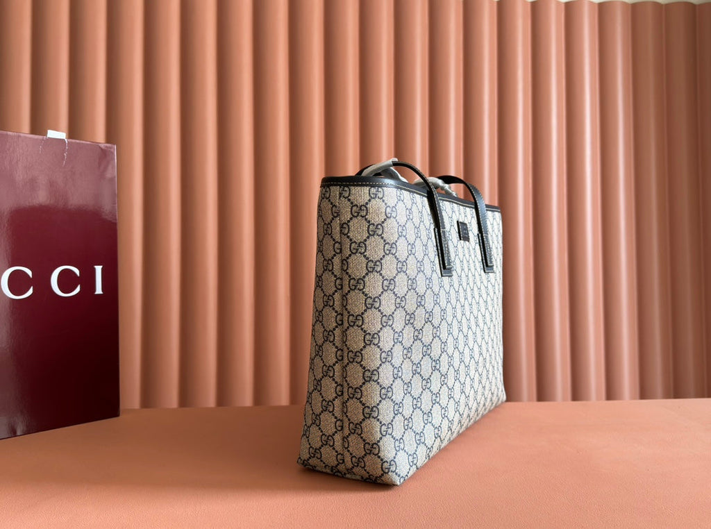 MEDIUM TOTE BAG 38 IN BEIGE AND BROWN GG COATED FABRIC BLACK CALFSKIN