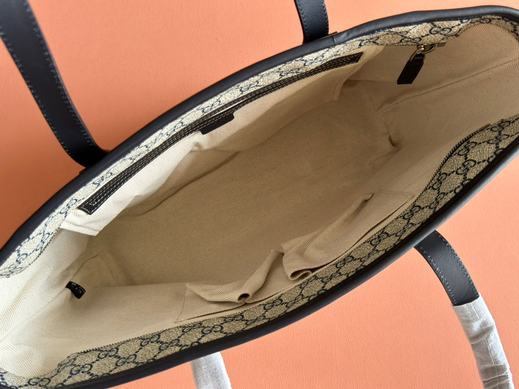 MEDIUM TOTE BAG 38 IN BEIGE AND BROWN GG COATED FABRIC BLACK CALFSKIN