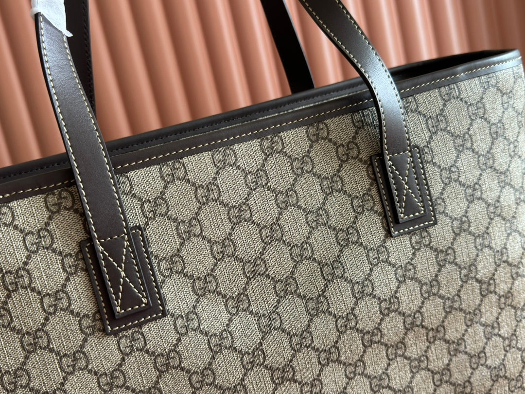 MEDIUM TOTE BAG 38 IN BEIGE AND BROWN GG COATED FABRIC DARK BROWN CALFSKIN