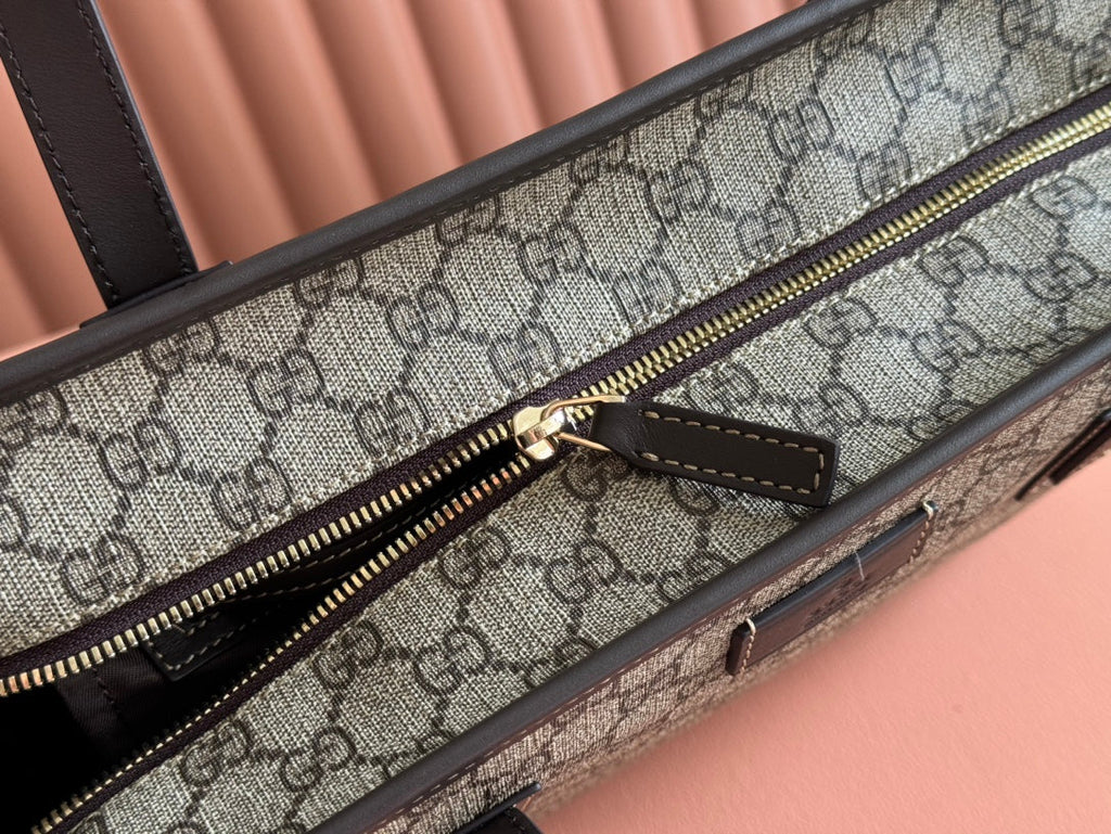 MEDIUM TOTE BAG 38 IN BEIGE AND BROWN GG COATED FABRIC DARK BROWN CALFSKIN