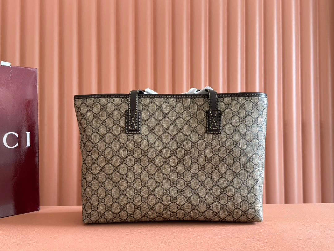 MEDIUM TOTE BAG 38 IN BEIGE AND BROWN GG COATED FABRIC DARK BROWN CALFSKIN