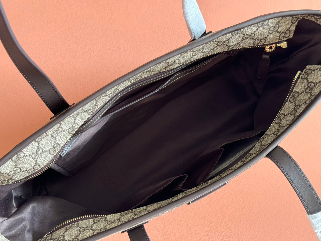 MEDIUM TOTE BAG 38 IN BEIGE AND BROWN GG COATED FABRIC DARK BROWN CALFSKIN