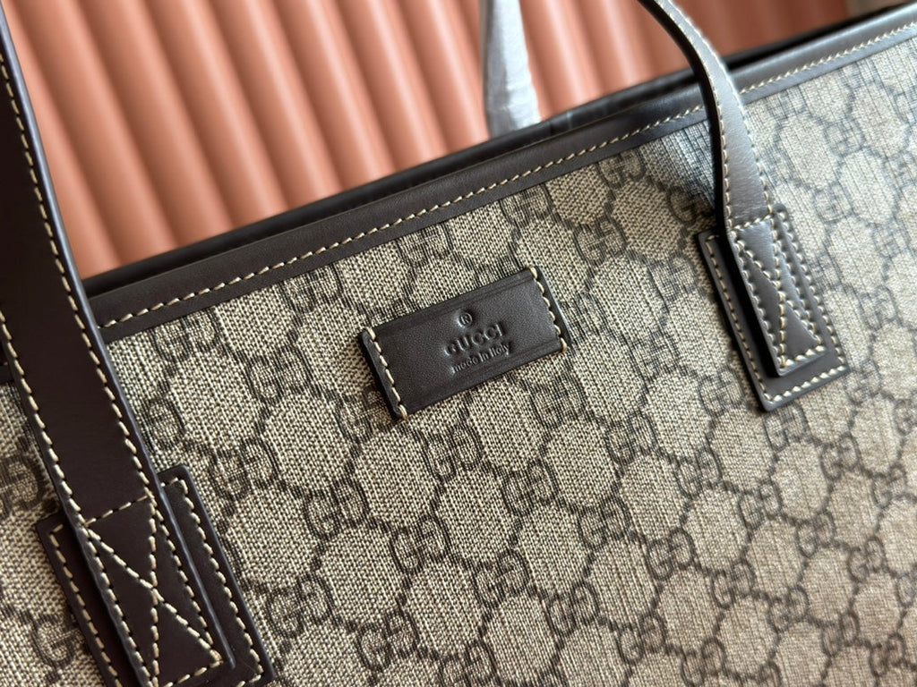 MEDIUM TOTE BAG 38 IN BEIGE AND BROWN GG COATED FABRIC DARK BROWN CALFSKIN