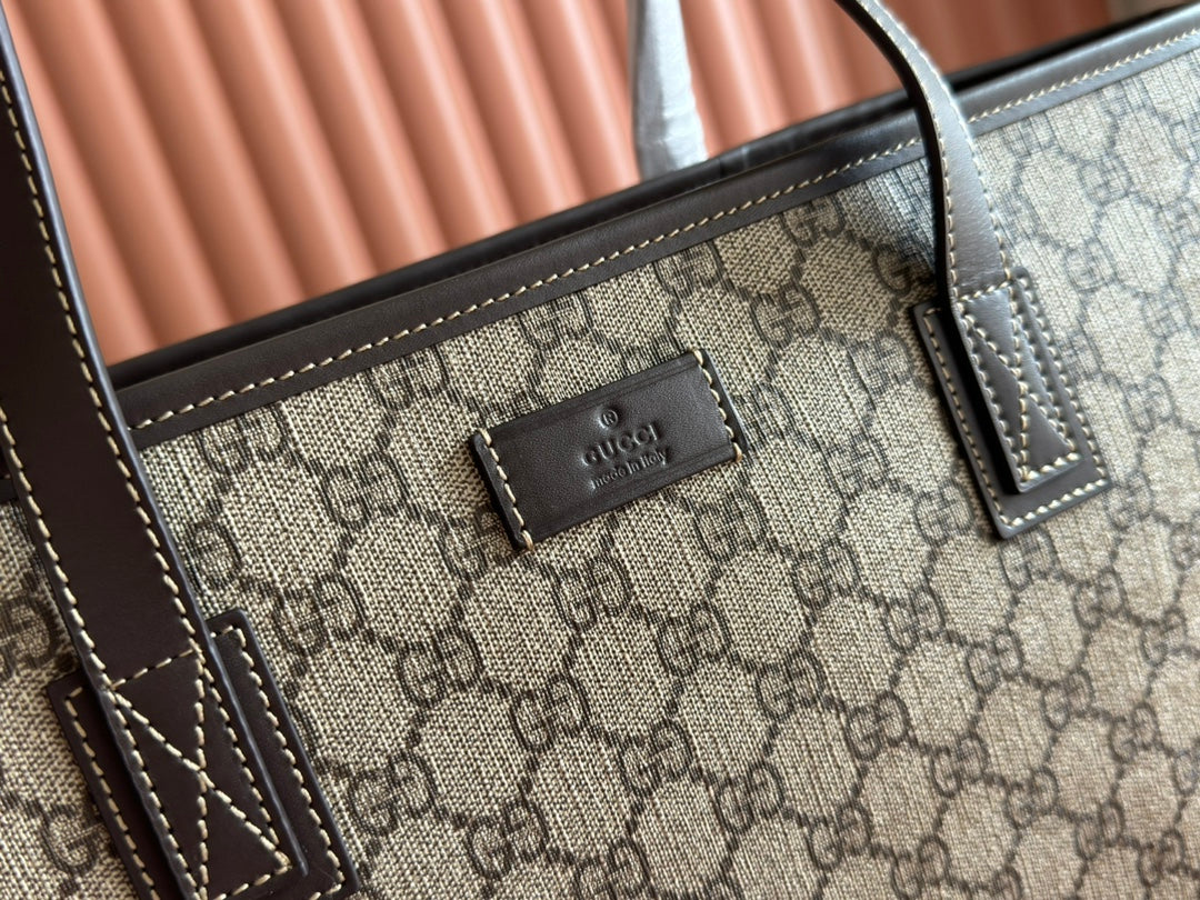 MEDIUM TOTE BAG 38 IN BEIGE AND BROWN GG COATED FABRIC DARK BROWN CALFSKIN