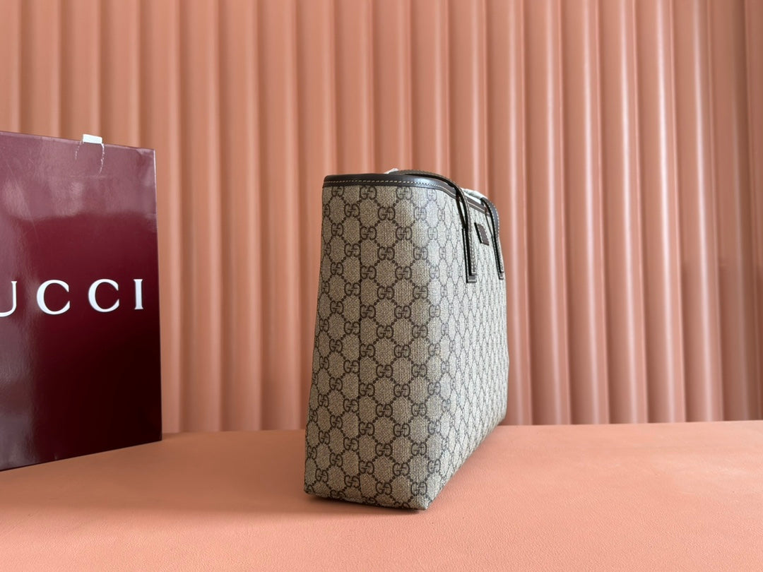 MEDIUM TOTE BAG 38 IN BEIGE AND BROWN GG COATED FABRIC DARK BROWN CALFSKIN