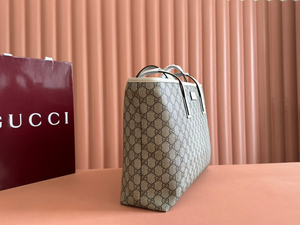 MEDIUM TOTE BAG 38 IN BEIGE AND BROWN GG COATED FABRIC WHITE CALFSKIN