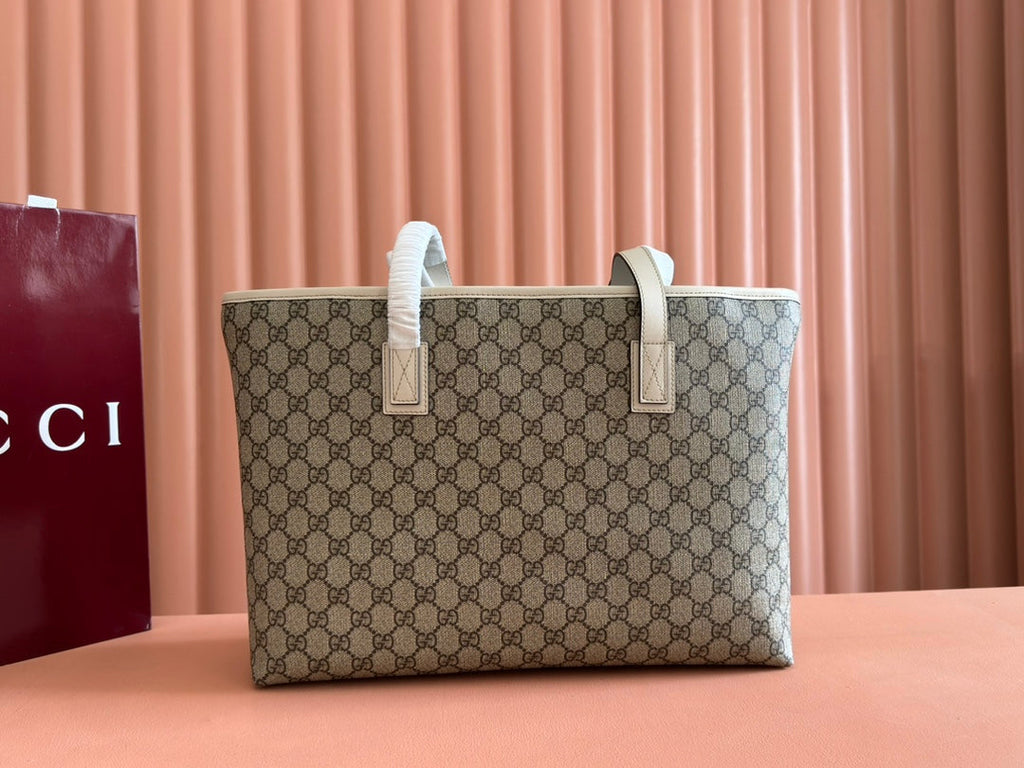 MEDIUM TOTE BAG 38 IN BEIGE AND BROWN GG COATED FABRIC WHITE CALFSKIN