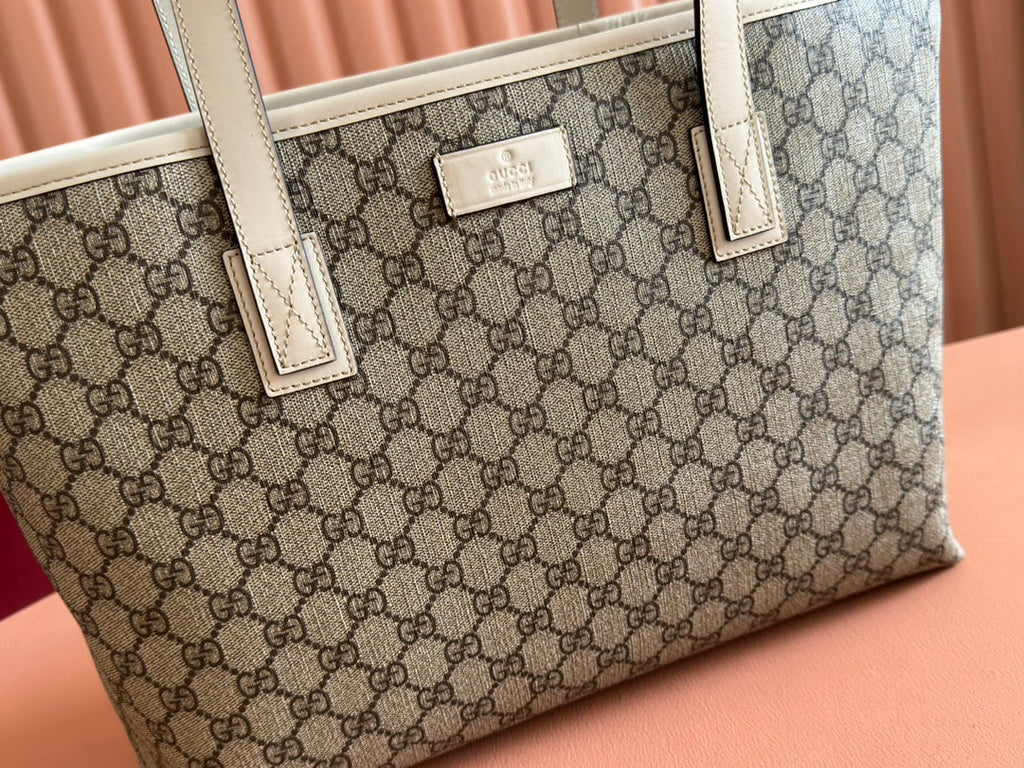 MEDIUM TOTE BAG 38 IN BEIGE AND BROWN GG COATED FABRIC WHITE CALFSKIN