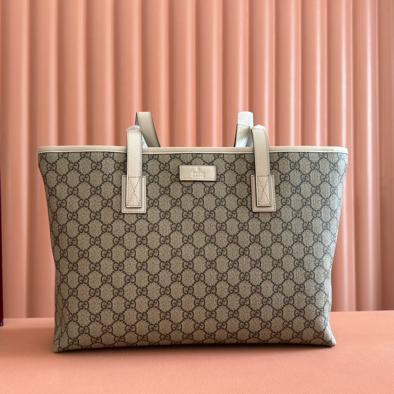 MEDIUM TOTE BAG 38 IN BEIGE AND BROWN GG COATED FABRIC WHITE CALFSKIN