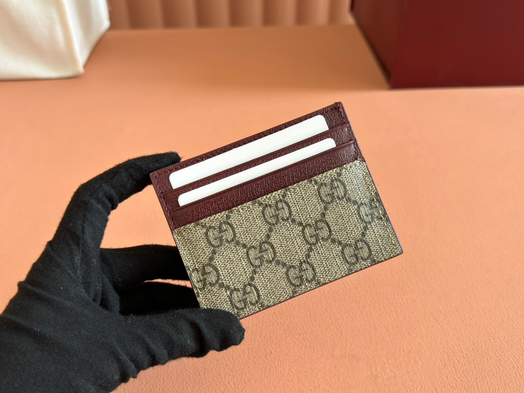 GG CARD CASE 10 IN BEIGE AND RED GG CALFSKIN