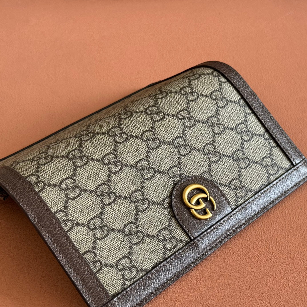 OPHIDIA CARD CASE 19 IN BEIGE BROWN COATED FABRIC AND CALFSKIN