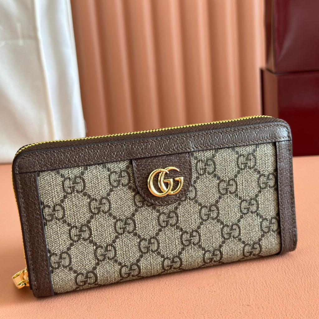 OPHIDIA WALLET 19 IN BEIGE AND DARK BROWN COATED FABRIC AND CALFSKIN