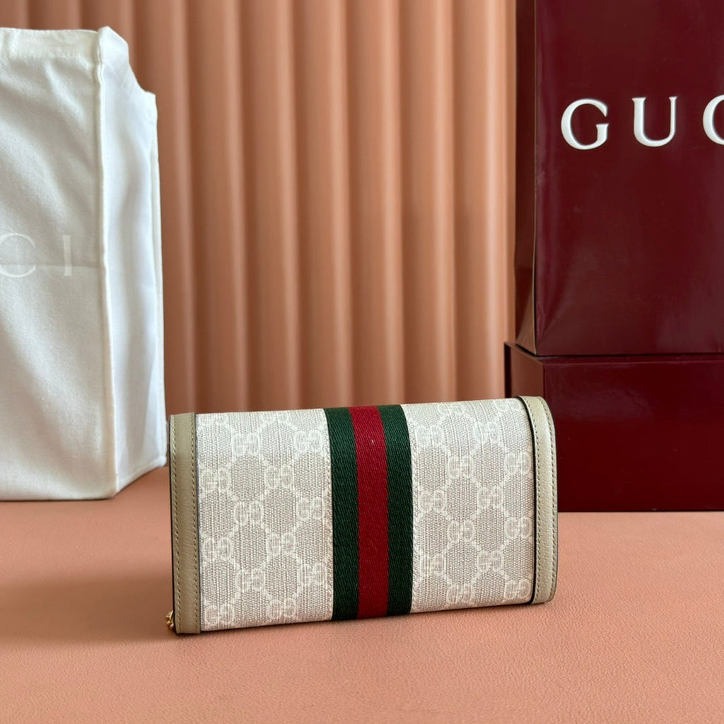 OPHIDIA WALLET ON CHAIN 19 IN BEIGE AND WHITE COATED FABRIC OATMEAL CALFSKIN