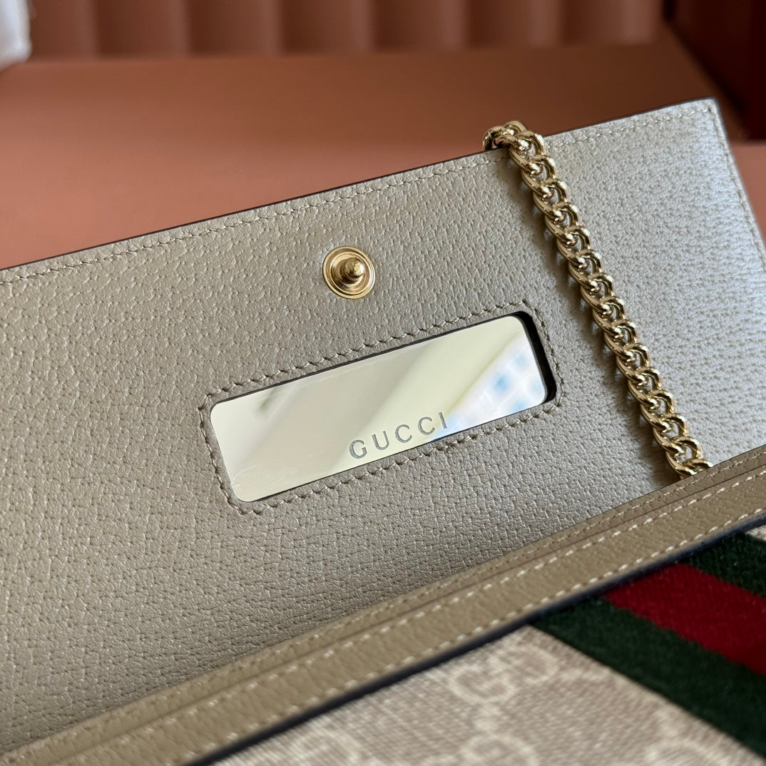 OPHIDIA WALLET ON CHAIN 19 IN BEIGE AND WHITE COATED FABRIC OATMEAL CALFSKIN