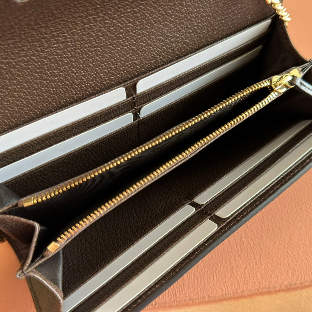 OPHIDIA WALLET ON CHAIN 19 IN BEIGE AND DARK BROWN COATED FABRIC AND CALFSKIN