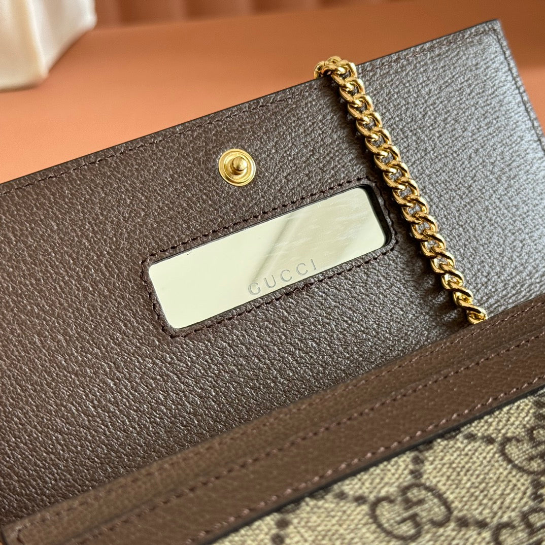 OPHIDIA WALLET ON CHAIN 19 IN BEIGE AND DARK BROWN COATED FABRIC AND CALFSKIN